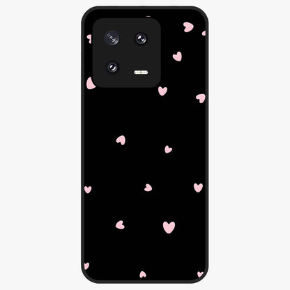 Pink Love Drops Glass Case showing flat back view with playful pink heart drops artwork and glossy glass finish.