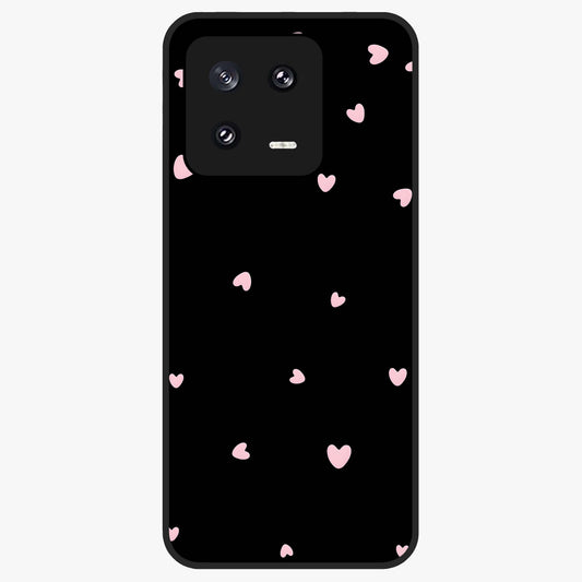 Pink Love Drops Glass Case showing flat back view with playful pink heart drops artwork and glossy glass finish.