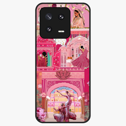 Pink Palace Muse Glass Case showing flat back view with elegant palace inspired artwork and glossy glass finish.