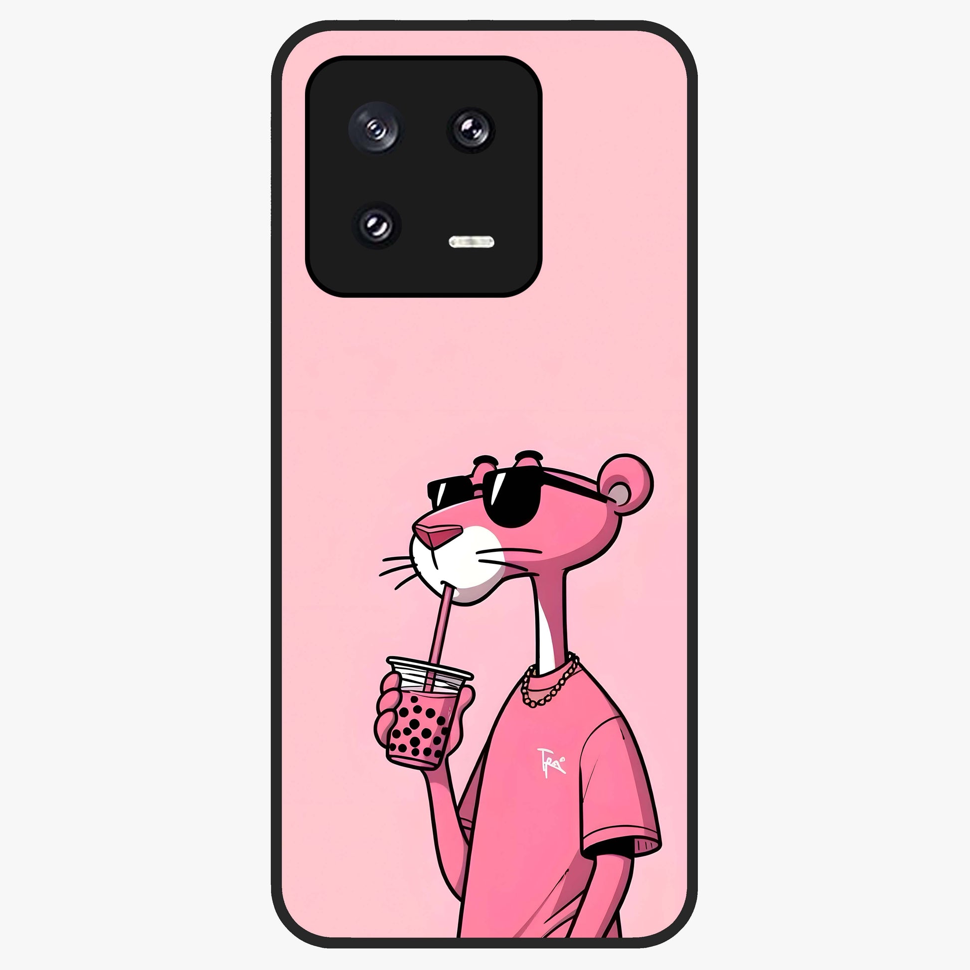 Pink Panther Glass Case showing flat back view with iconic pink panther artwork and glossy glass finish.
