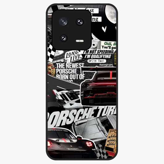 Porsche Racing Collage Glass Case showing flat back view with sports car racing collage artwork and glossy glass finish.