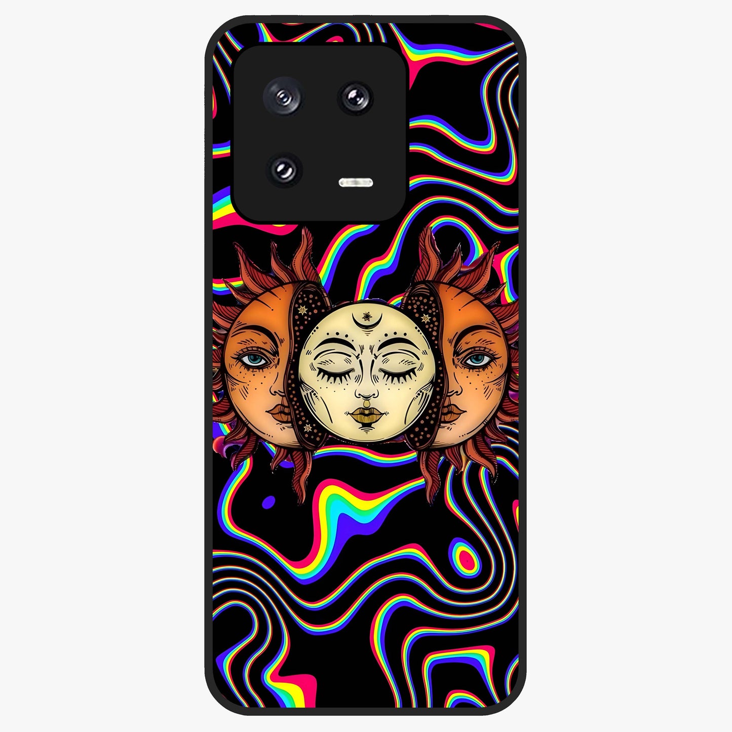Psychedelic Sun Glass Case showing flat back view with colorful psychedelic sun artwork and glossy glass finish.