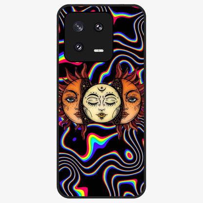 Psychedelic Sun Glass Case showing flat back view with colorful psychedelic sun artwork and glossy glass finish.