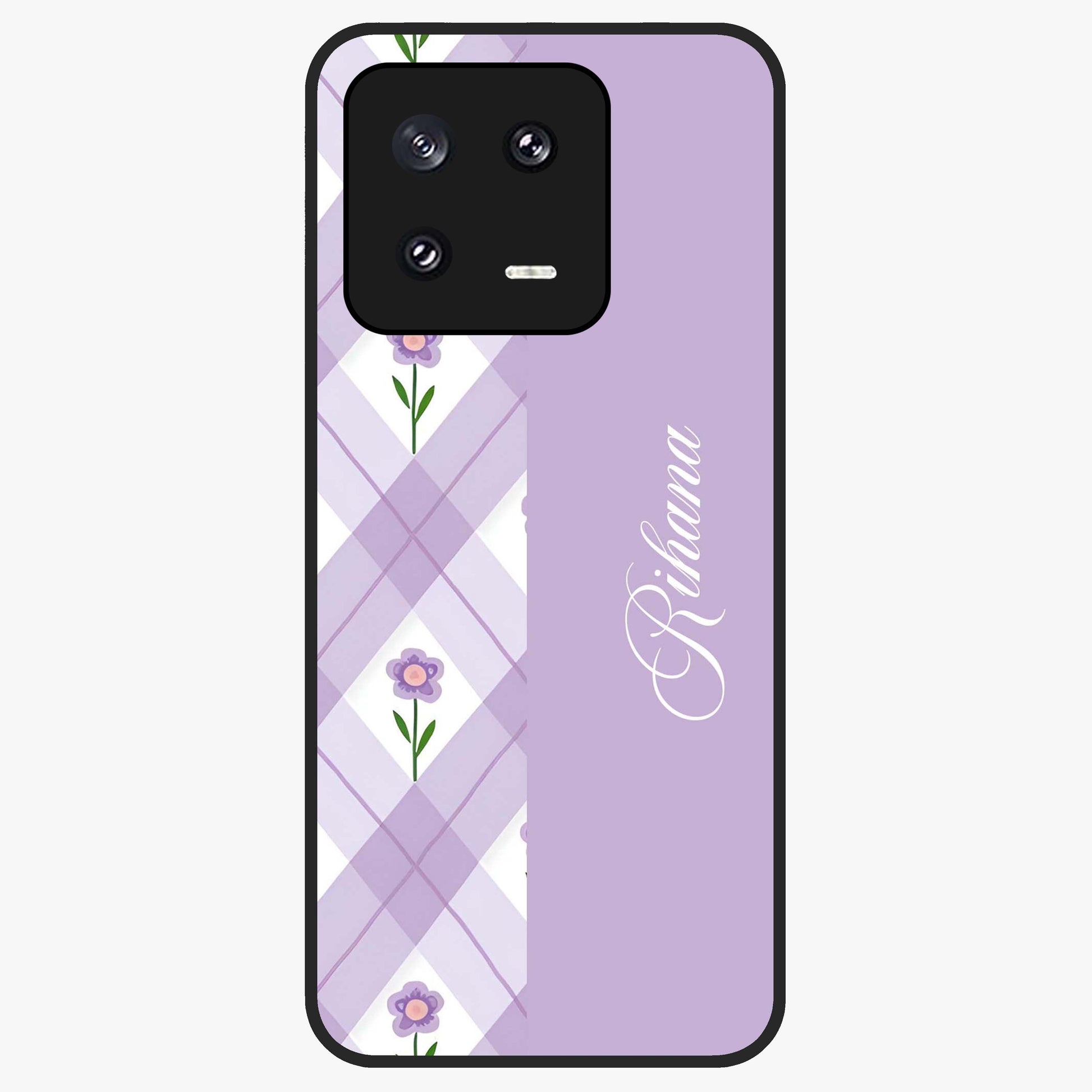 Purple Diamond Floral Glass Case showing flat back view with diamond shaped floral artwork and glossy glass finish.