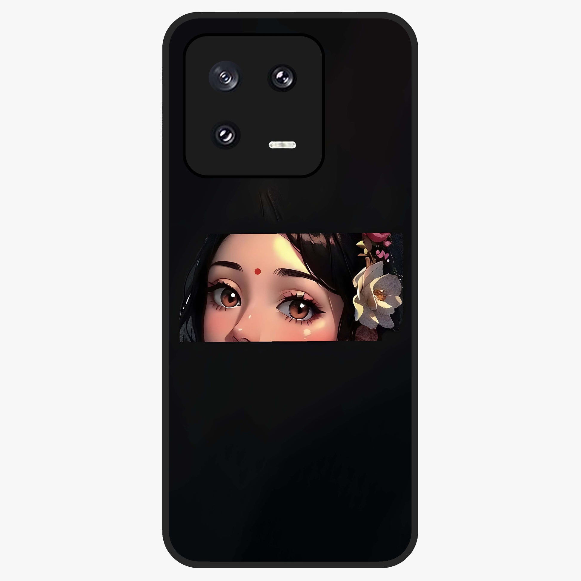 Radha Divine Embrace Glass Case showing flat back view with devotional Radha artwork and glossy glass finish.