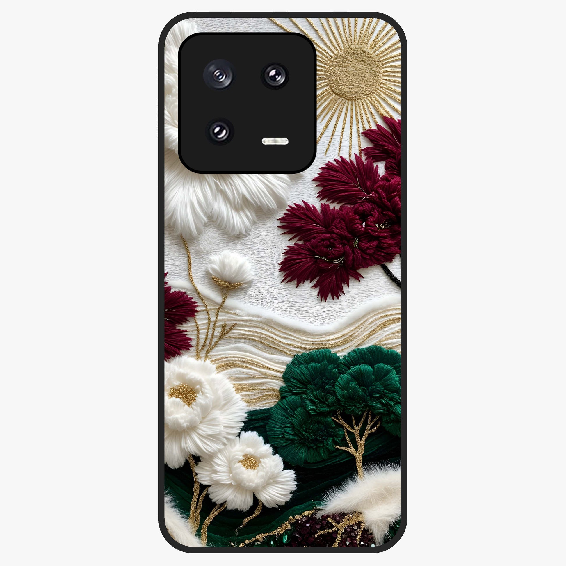 Radiant Bloom Elegance Glass Case showing flat back view with elegant blooming flower artwork and glossy glass finish.