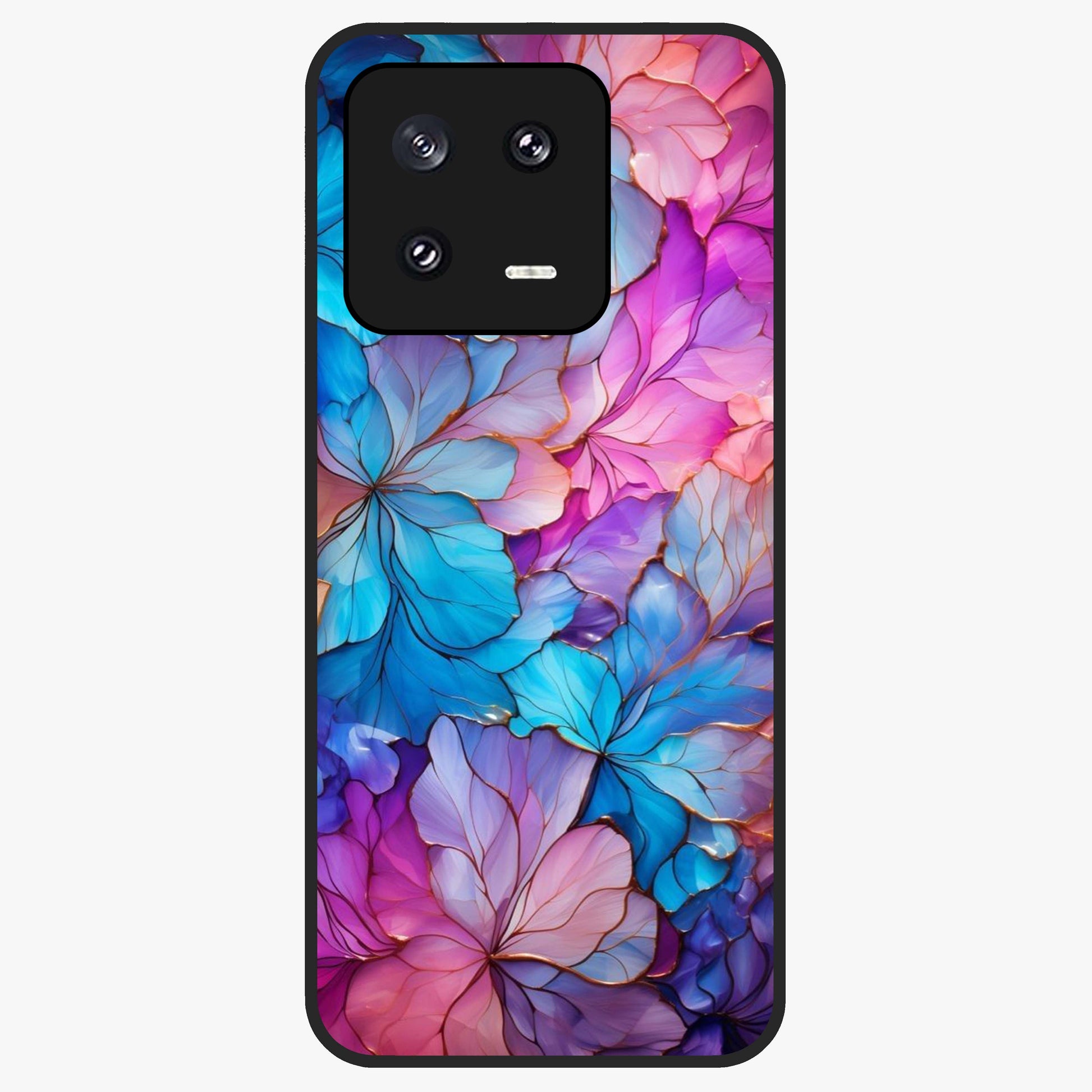 Radiant Floral Whirl Glass Case showing flat back view with swirling floral artwork and glossy glass finish.