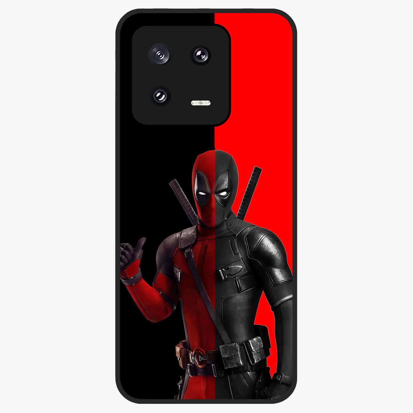 Red & Black Deadpool Theme Glass Case showing flat back view with bold comic inspired artwork and glossy glass finish.