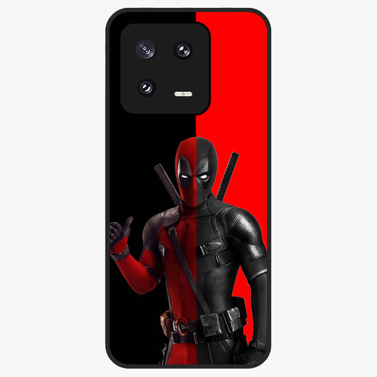 Red & Black Deadpool Theme Glass Case showing flat back view with bold comic inspired artwork and glossy glass finish.