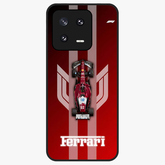 Red Ferrari F1 Vertical Glass Case showing flat back view with sleek Formula racing car artwork and glossy glass finish.