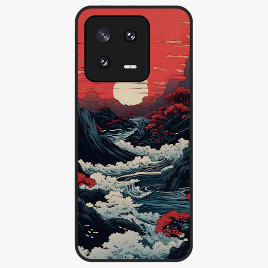 Red Sunset Scenery Glass Case showing flat back view with vibrant sunset landscape artwork and glossy glass finish.