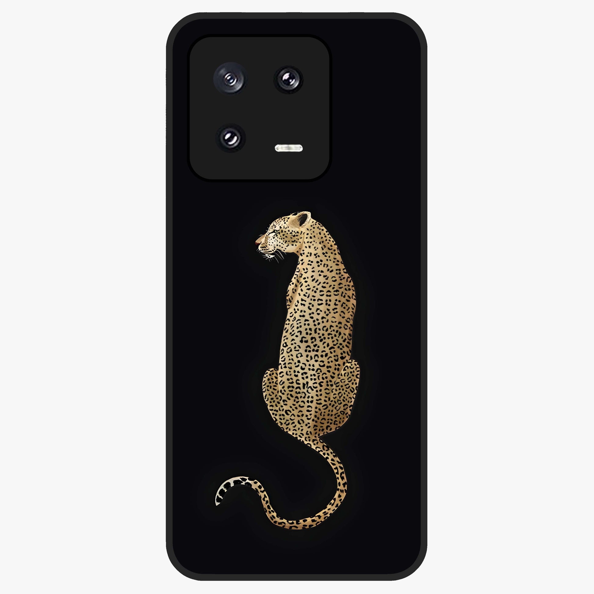 Regal Leopard Glass Case showing flat back view with bold leopard artwork and glossy glass finish.