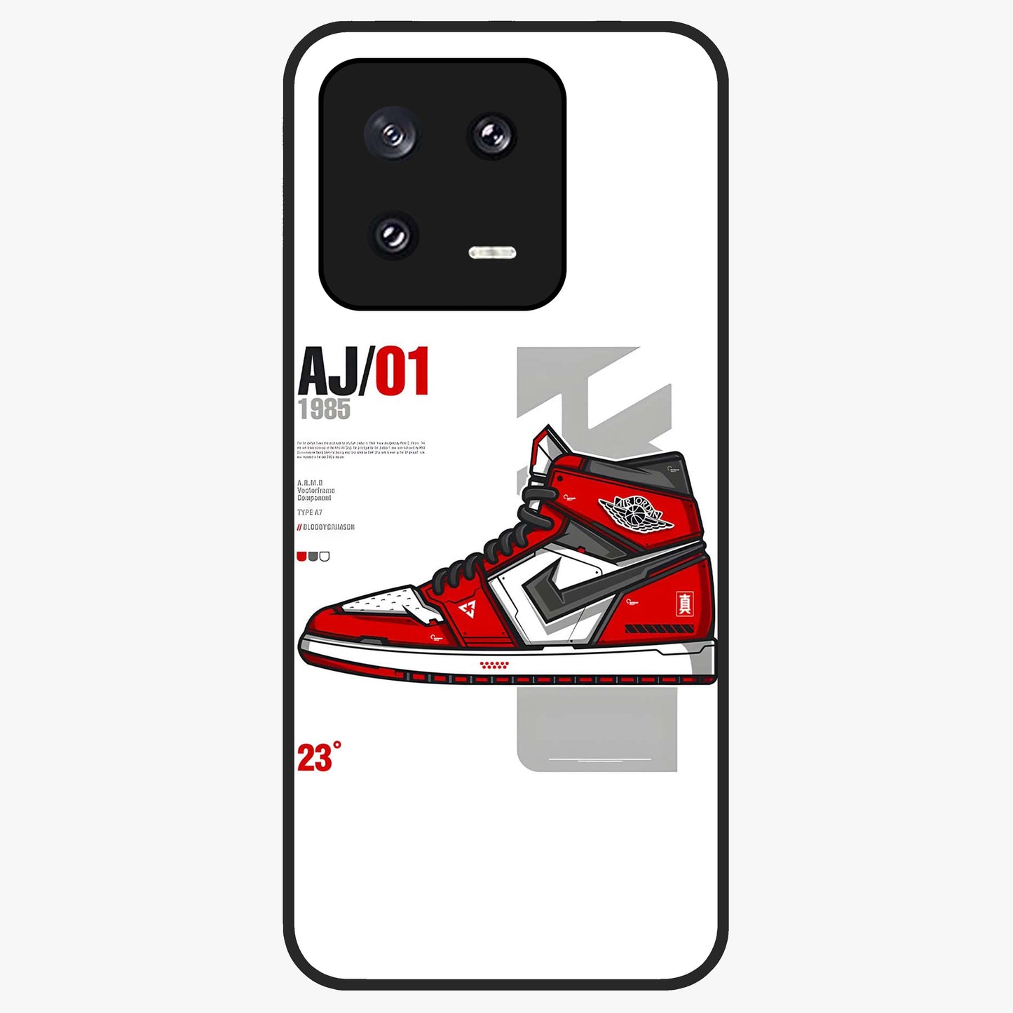 Retro Sneaker Blueprint Glass Case showing flat back view with sneaker blueprint style artwork and glossy glass finish.
