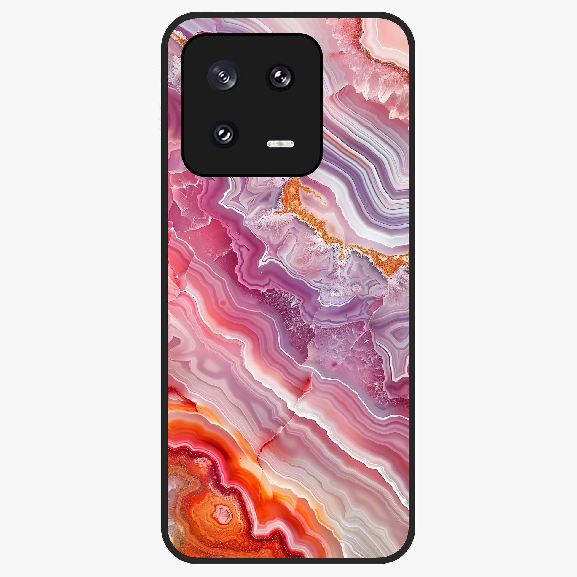 Rose Quartz Marble Glass Case showing flat back view with pink marble quartz texture artwork and glossy glass finish.