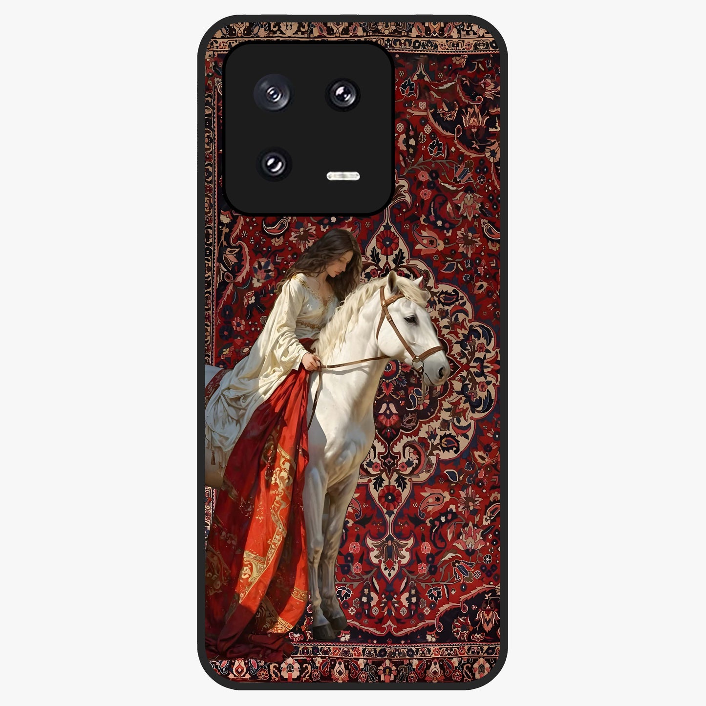 Royal Rider Tapestry Glass Case showing flat back view with majestic horse rider tapestry artwork and glossy glass finish.