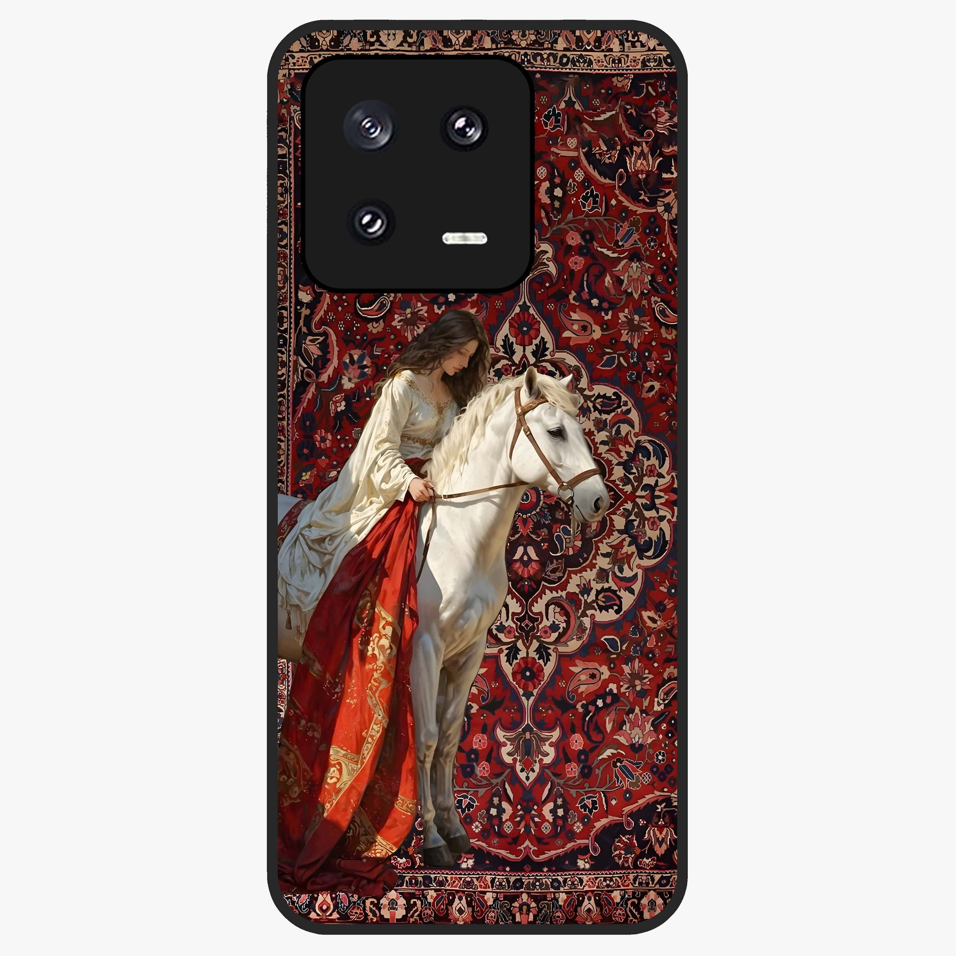 Royal Rider Tapestry Glass Case showing flat back view with majestic horse rider tapestry artwork and glossy glass finish.
