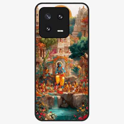 Sacred Sunlight Gods Glass Case showing flat back view with divine sunlight themed artwork and glossy glass finish.