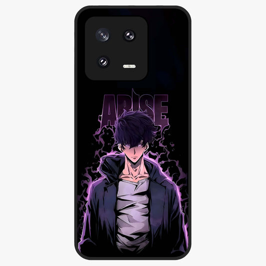 Shadow Monarch Awakening Glass Case showing flat back view with powerful dark monarch themed artwork and glossy glass finish.