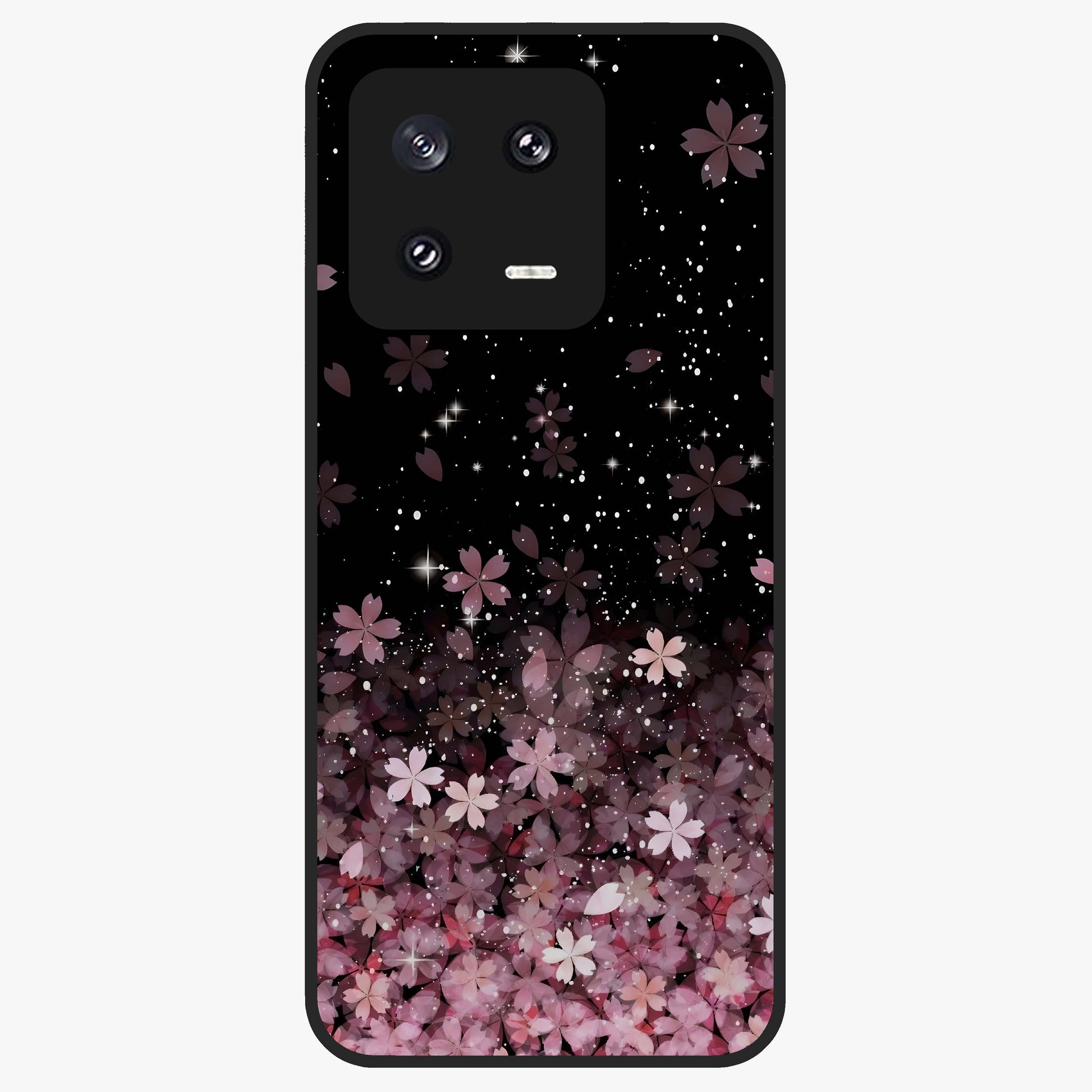 Small Starry Flowers Glass Case showing flat back view with delicate starry floral artwork and glossy glass finish.