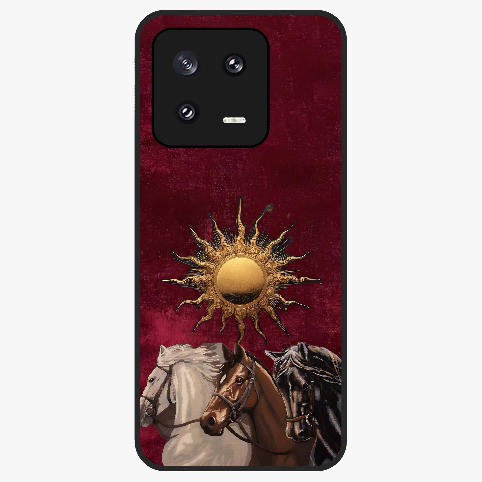 Solar Riders Glass Case showing flat back view with dynamic rider themed artwork and glossy glass finish.