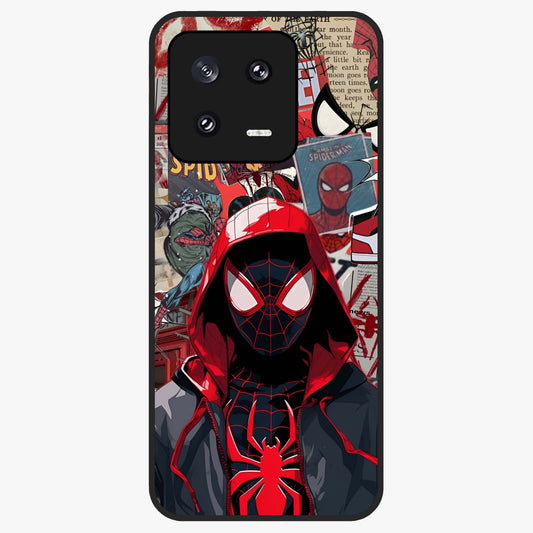 Spider Collage Street Glass Case showing flat back view with vibrant superhero collage artwork and glossy glass finish.