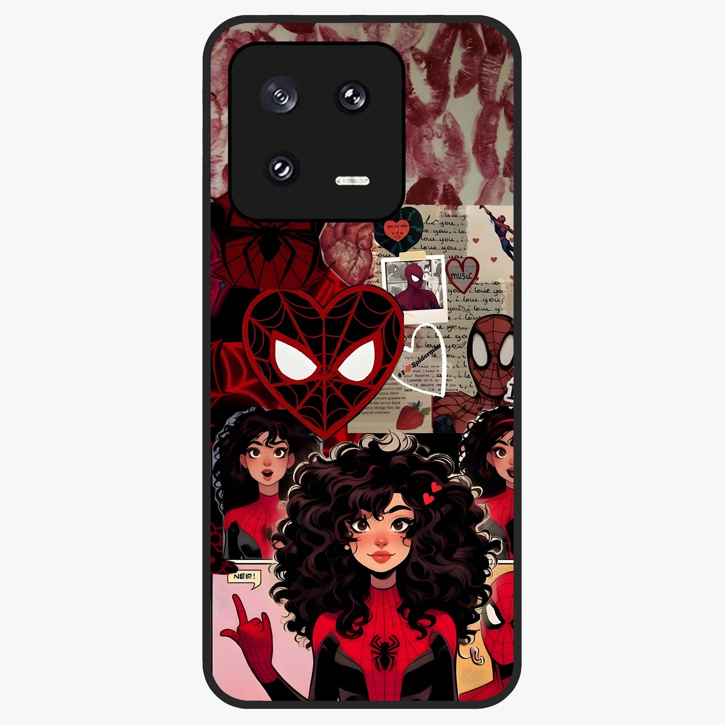 Spider Love Story Glass Case showing flat back view with romantic superhero themed artwork and glossy glass finish.