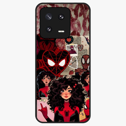 Spider Love Story Glass Case showing flat back view with romantic superhero themed artwork and glossy glass finish.