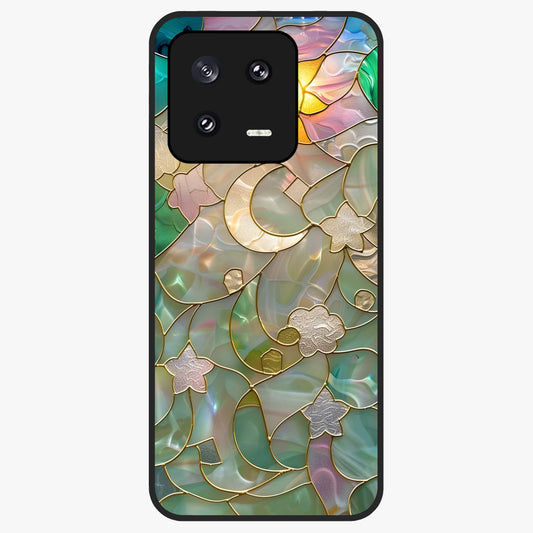 Stained Sunrise Glow Glass Case showing flat back view with glowing sunrise stained pattern artwork and glossy glass finish.