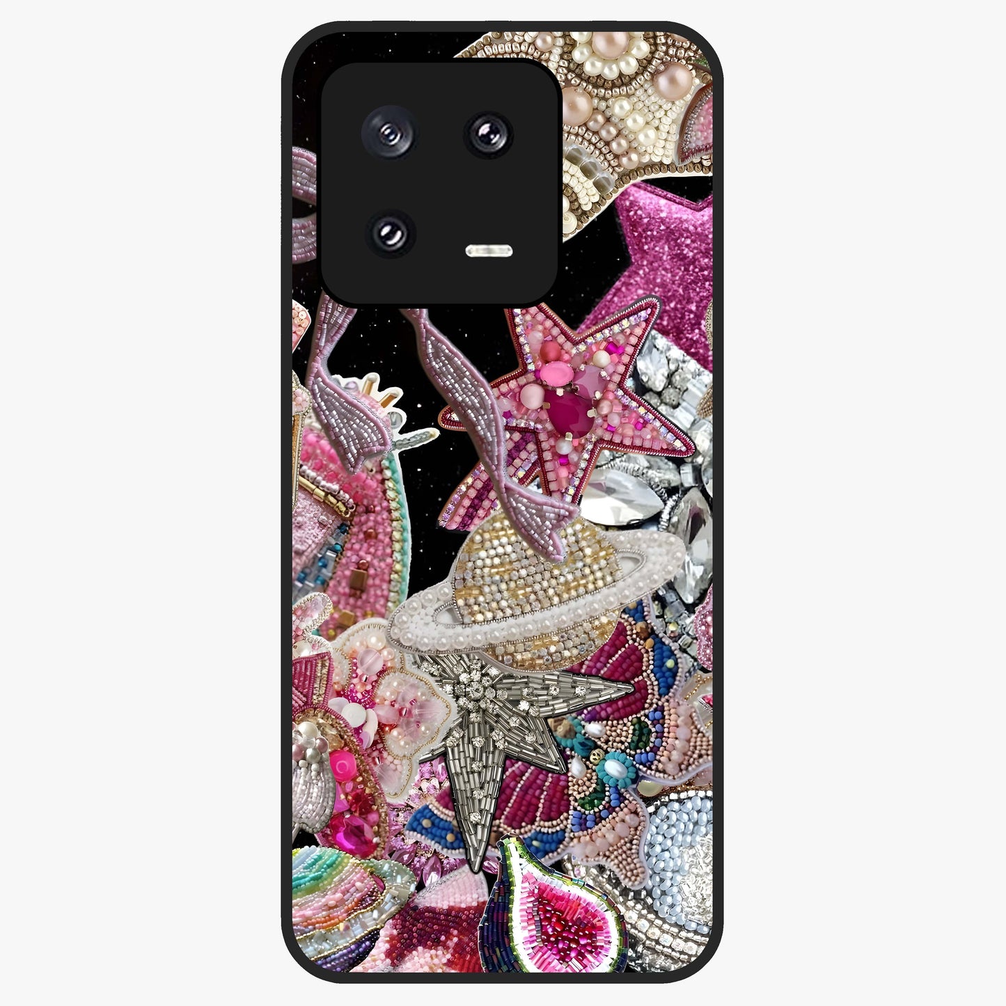 Starlit Jewel Dream Glass Case showing flat back view with sparkling jewel and star themed artwork and glossy glass finish.