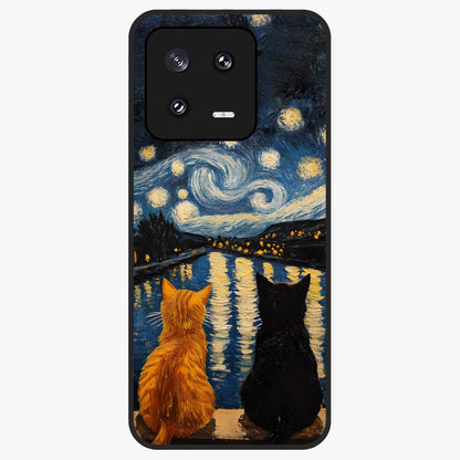 Starry River Cats Glass Case showing flat back view with cats by a starry river artwork and glossy glass finish.