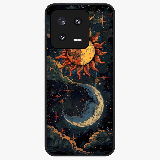 Sun And Moon Magic Design Glass Case showing flat back view with mystical sun and moon artwork and glossy glass finish.