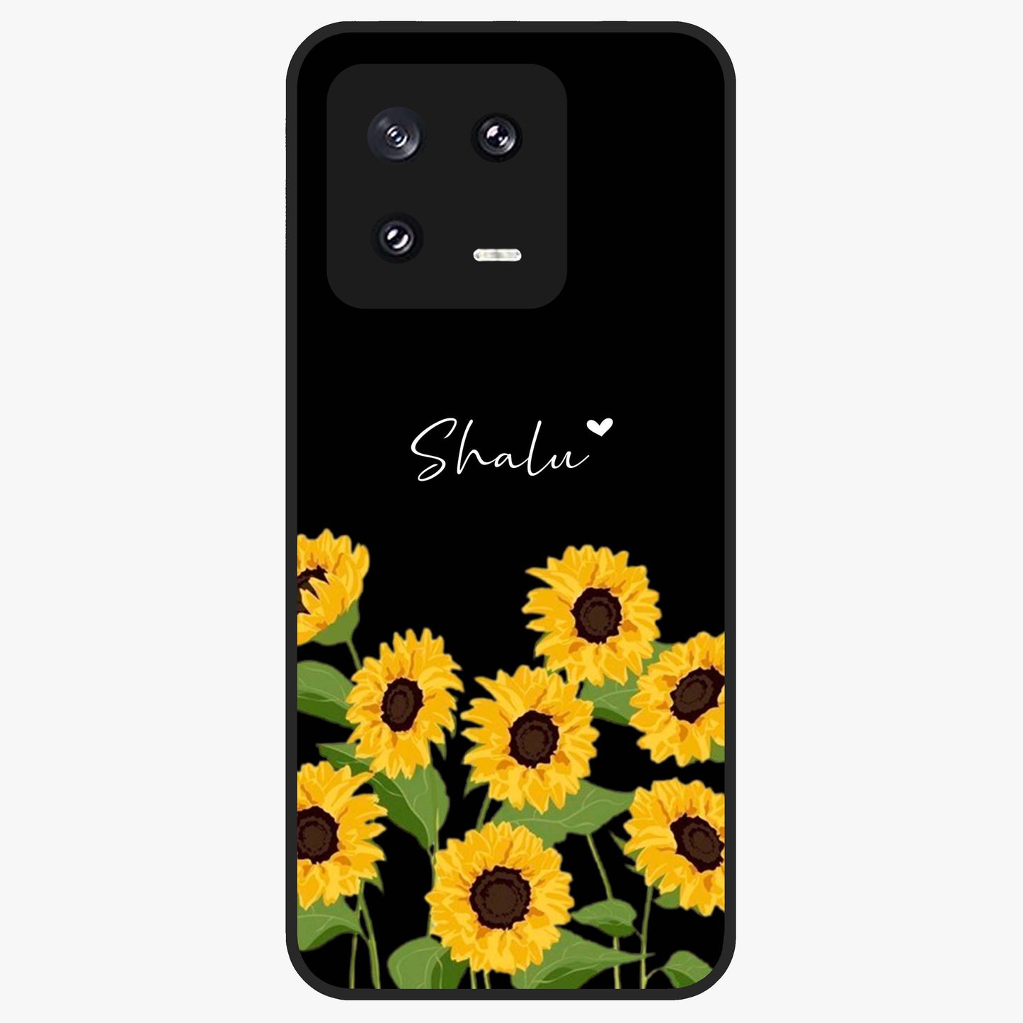 Sunflower Chic Mood Custom Name Glass Case showing flat back view with stylish sunflower artwork and personalized name design.