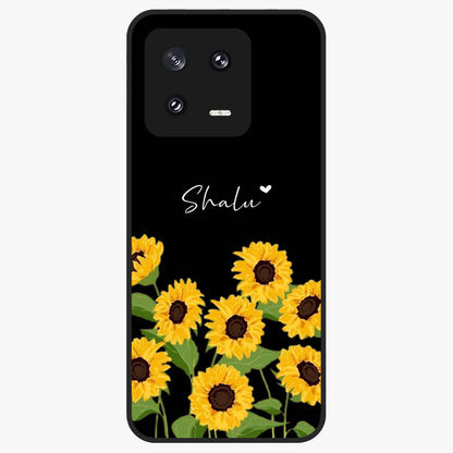 Sunflower Chic Mood Custom Name Glass Case showing flat back view with stylish sunflower artwork and personalized name design.