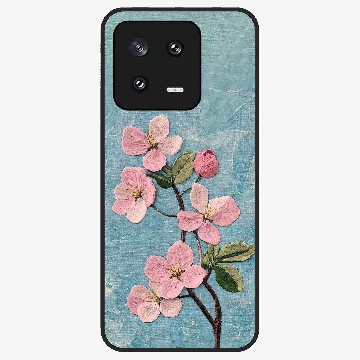 Threaded Blossom Breeze Glass Case showing flat back view with delicate blossom artwork and glossy glass finish.