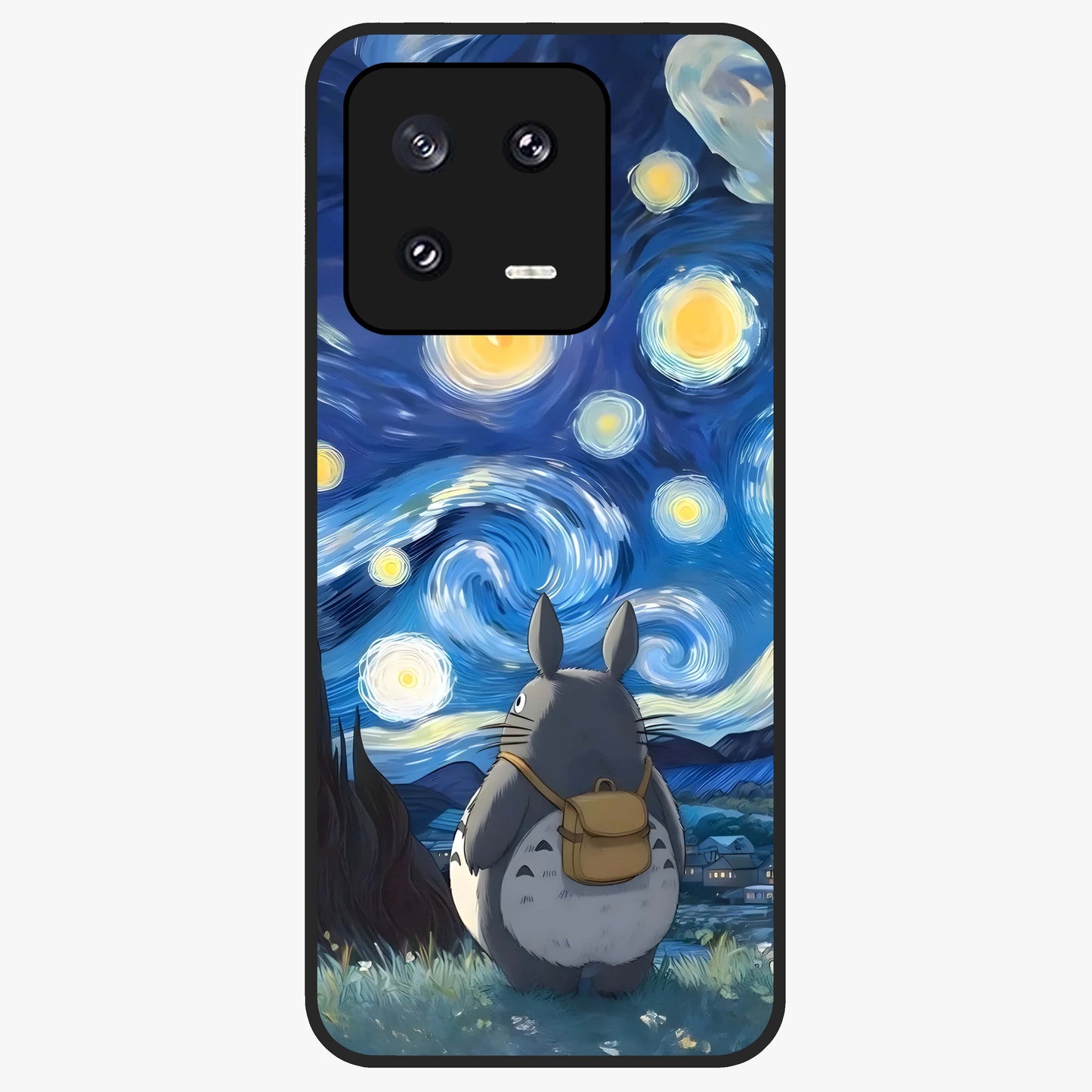 Totoro In Van Gogh Art Glass Case showing flat back view with whimsical character artwork inspired by Van Gogh style and glossy glass finish.