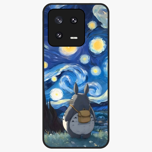 Totoro In Van Gogh Art Glass Case showing flat back view with whimsical character artwork inspired by Van Gogh style and glossy glass finish.