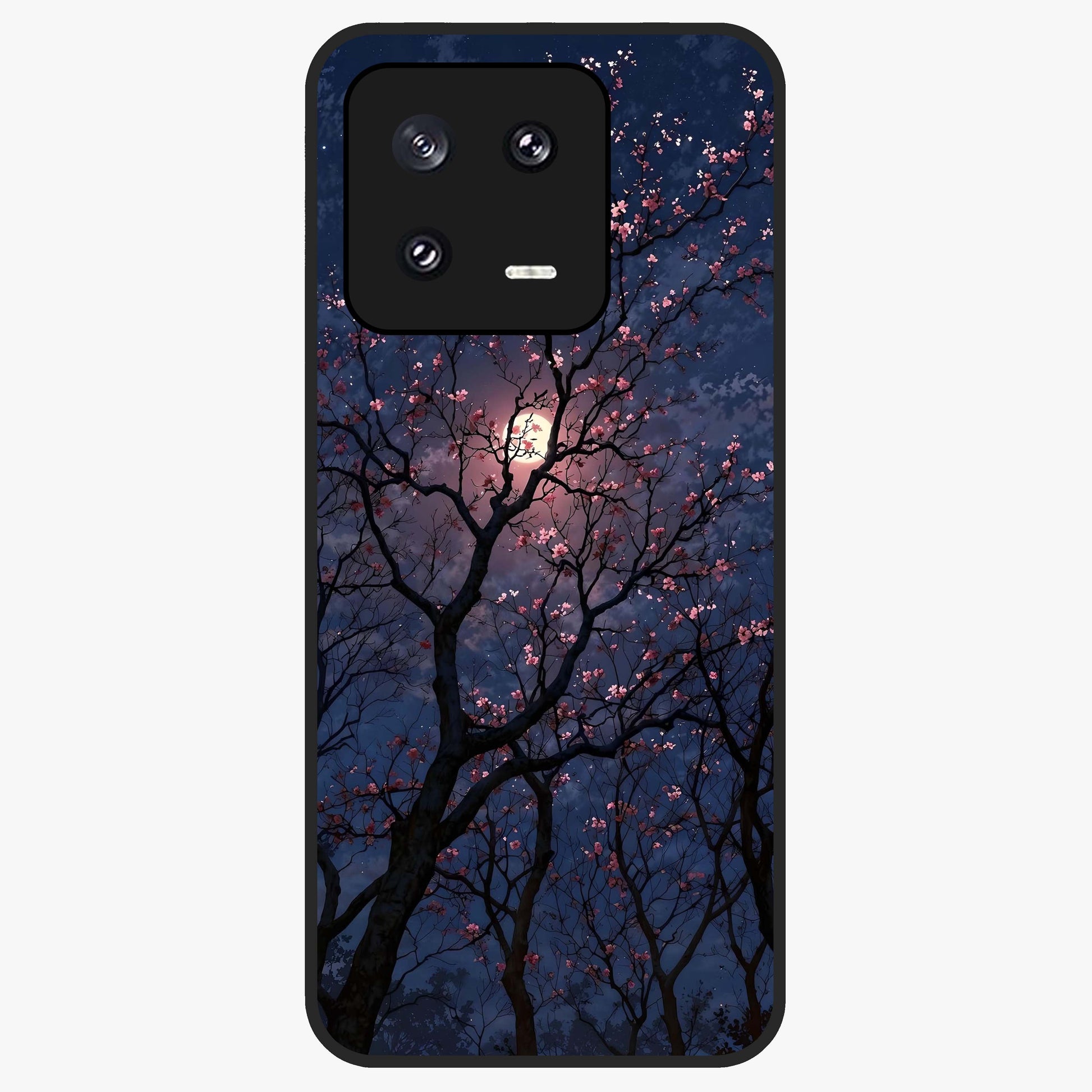Twilight Sakura Serenade Glass Case showing flat back view with cherry blossom artwork at twilight and glossy glass finish.