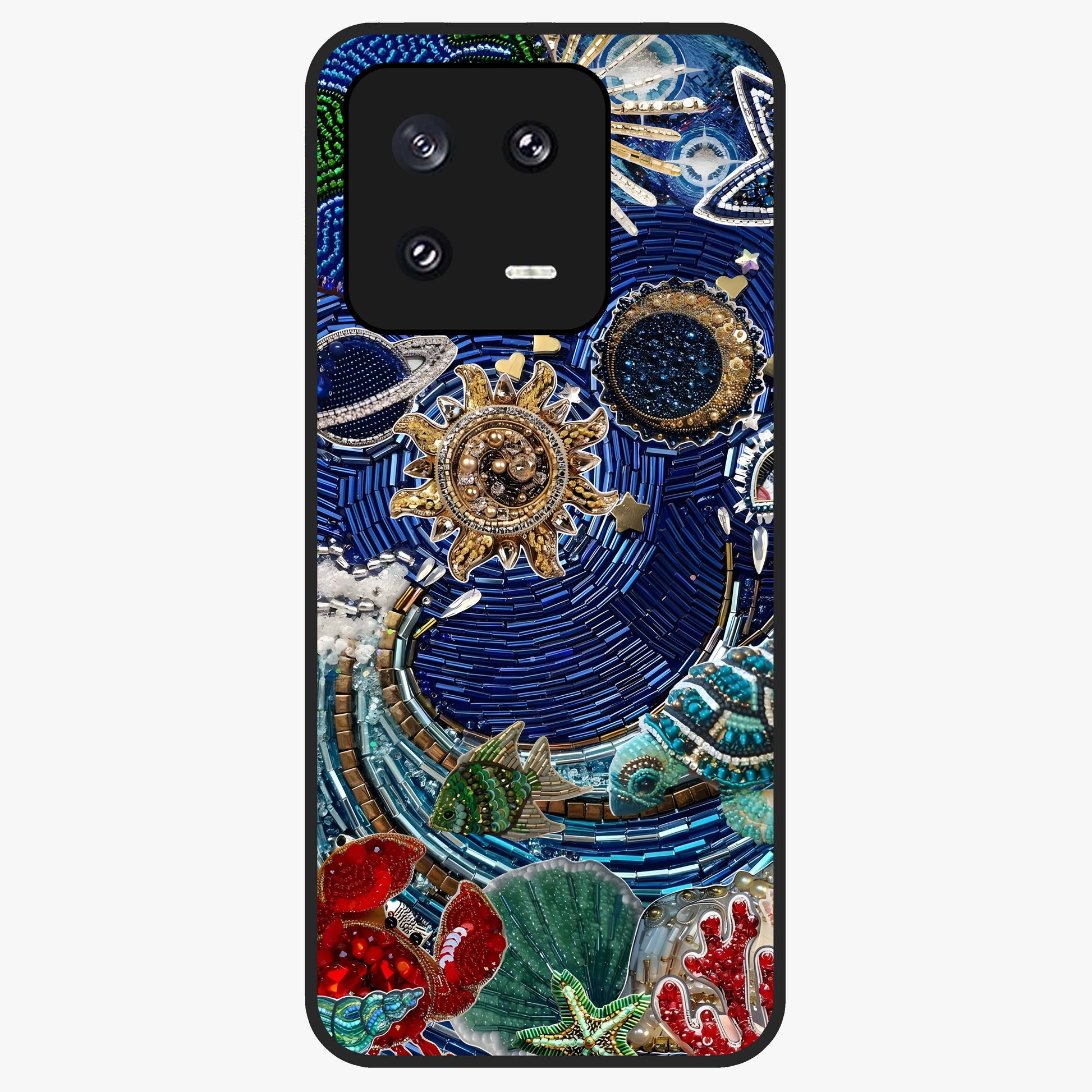 Universe Underwater Spark Glass Case showing flat back view with cosmic underwater themed artwork and glossy glass finish.