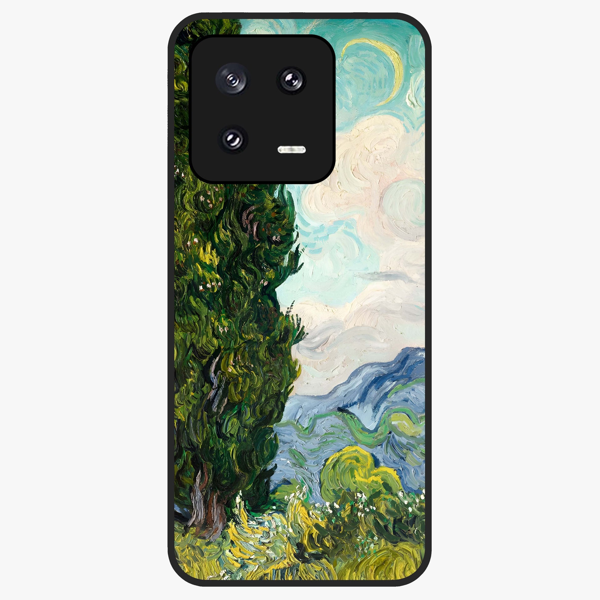 Van Gogh Vintage Art Glass Case showing flat back view with vintage painterly artwork inspired by Van Gogh style and glossy glass finish.