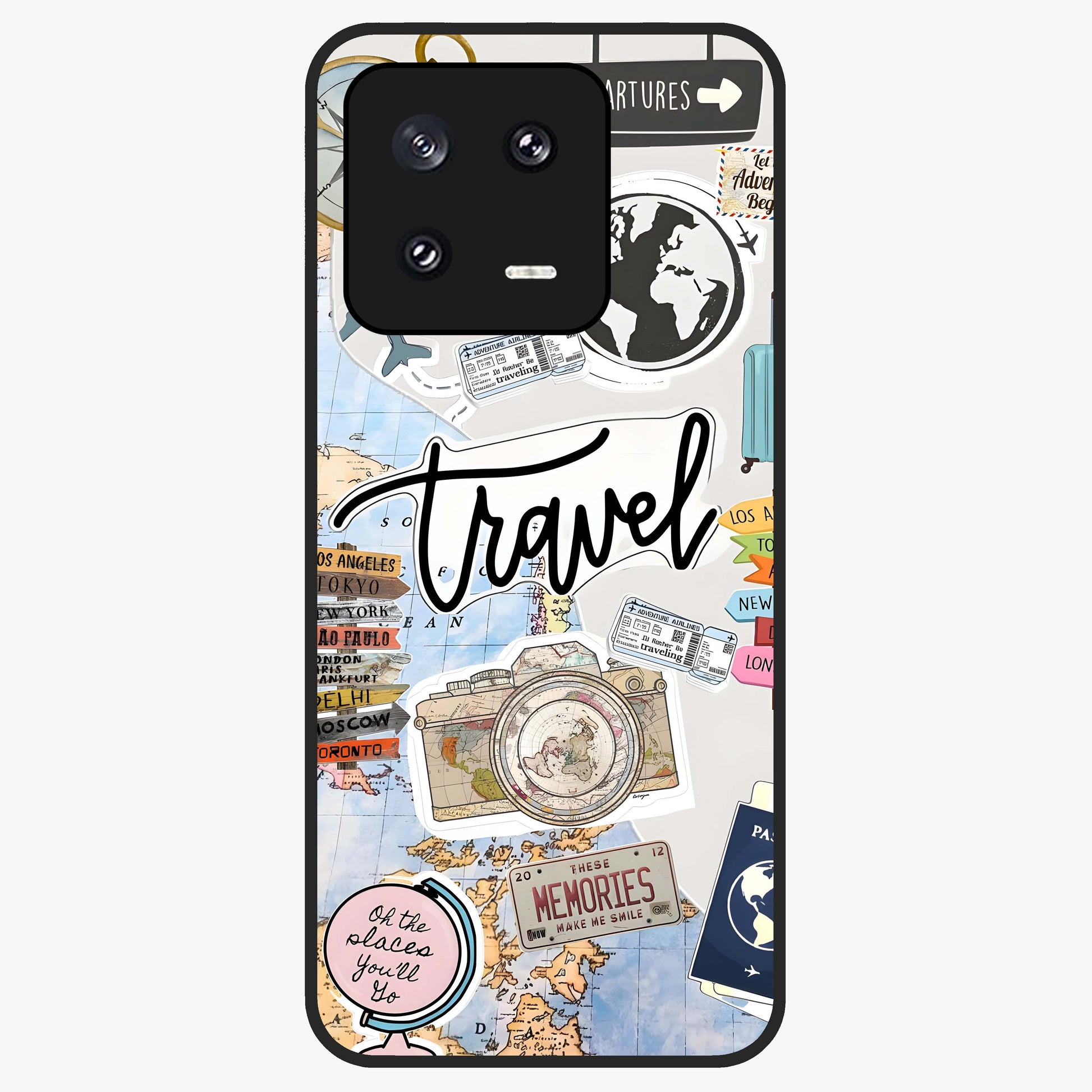 Wanderlust Journal Glass Case showing flat back view with travel inspired artwork and glossy glass finish.