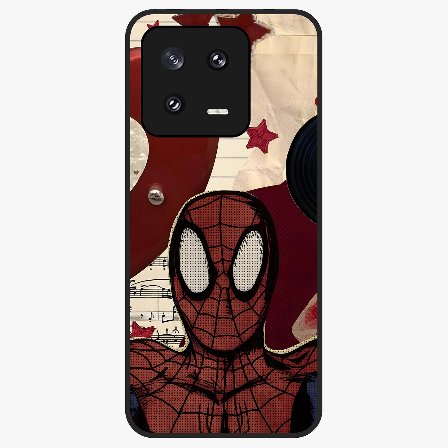 Web Warrior Vibes Glass Case showing flat back view with superhero inspired web themed artwork and glossy glass finish.