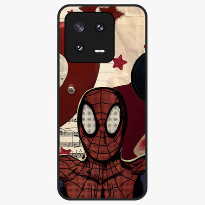 Web Warrior Vibes Glass Case showing flat back view with superhero inspired web themed artwork and glossy glass finish.