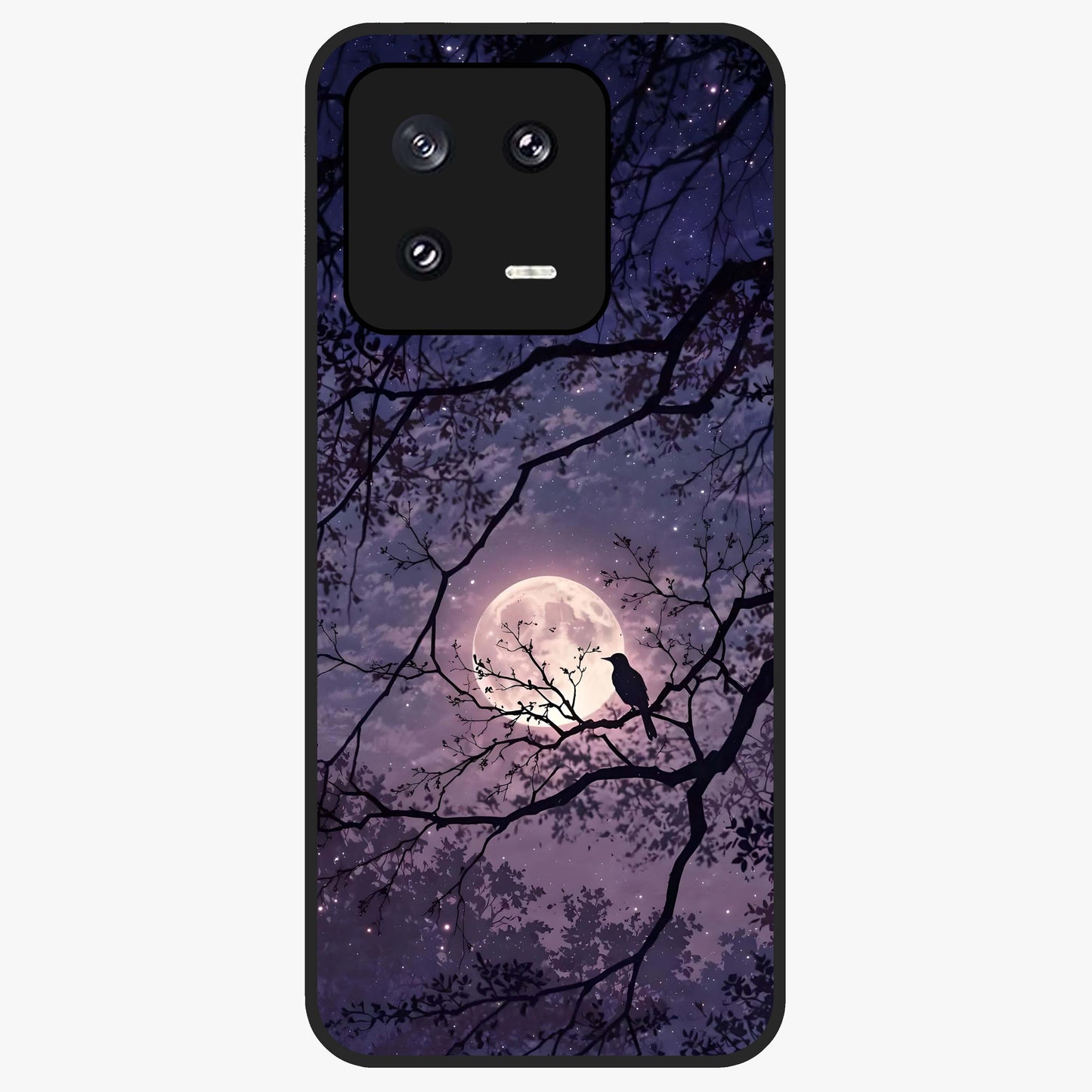 Whispering Moon Silence Glass Case showing flat back view with serene moon themed artwork and glossy glass finish.