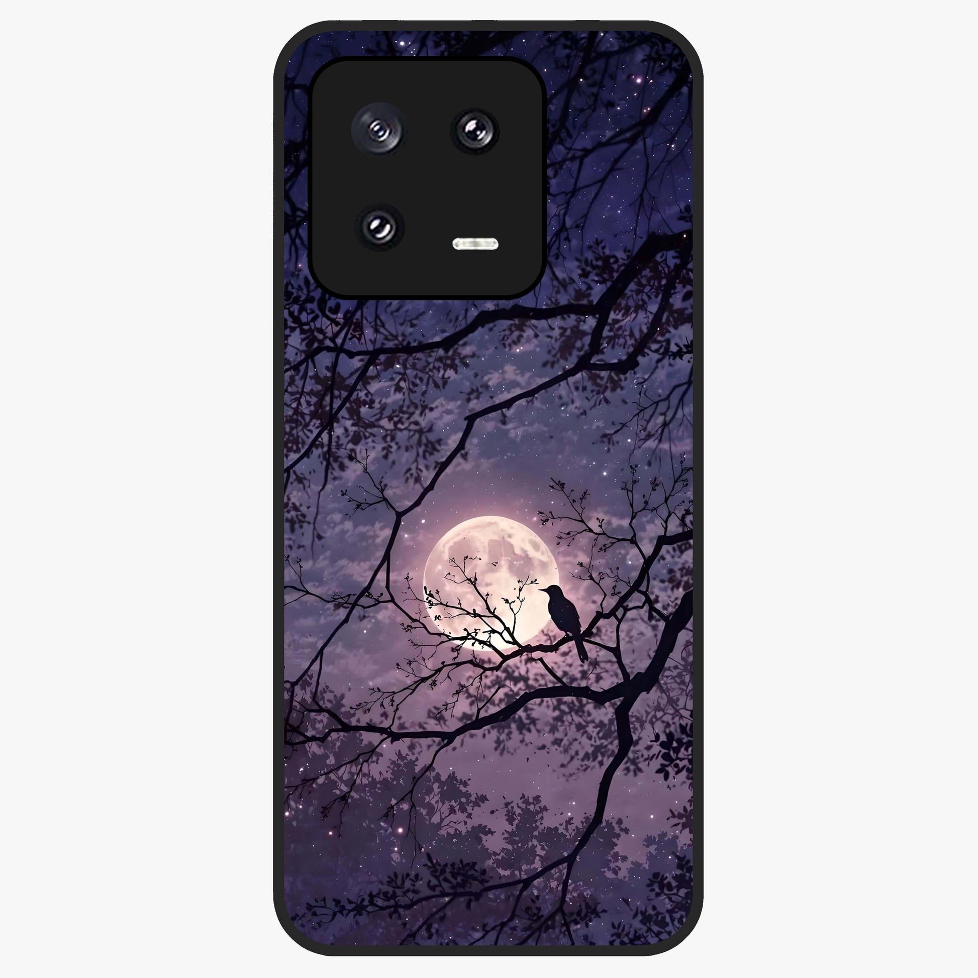 Whispering Moon Silence Glass Case showing flat back view with serene moon themed artwork and glossy glass finish.