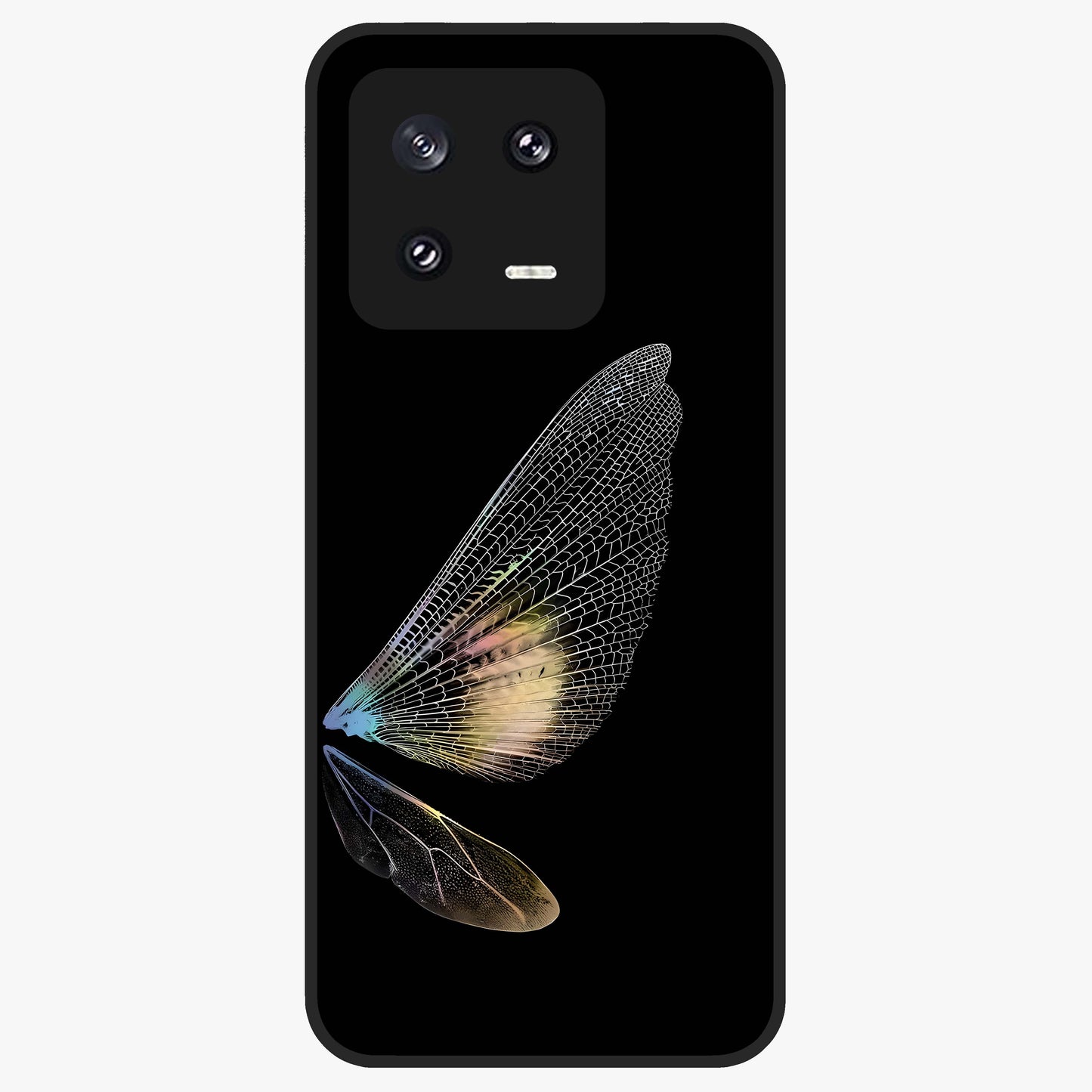 Whispers Of Wings Glass Case showing flat back view with graceful wing inspired artwork and glossy glass finish.