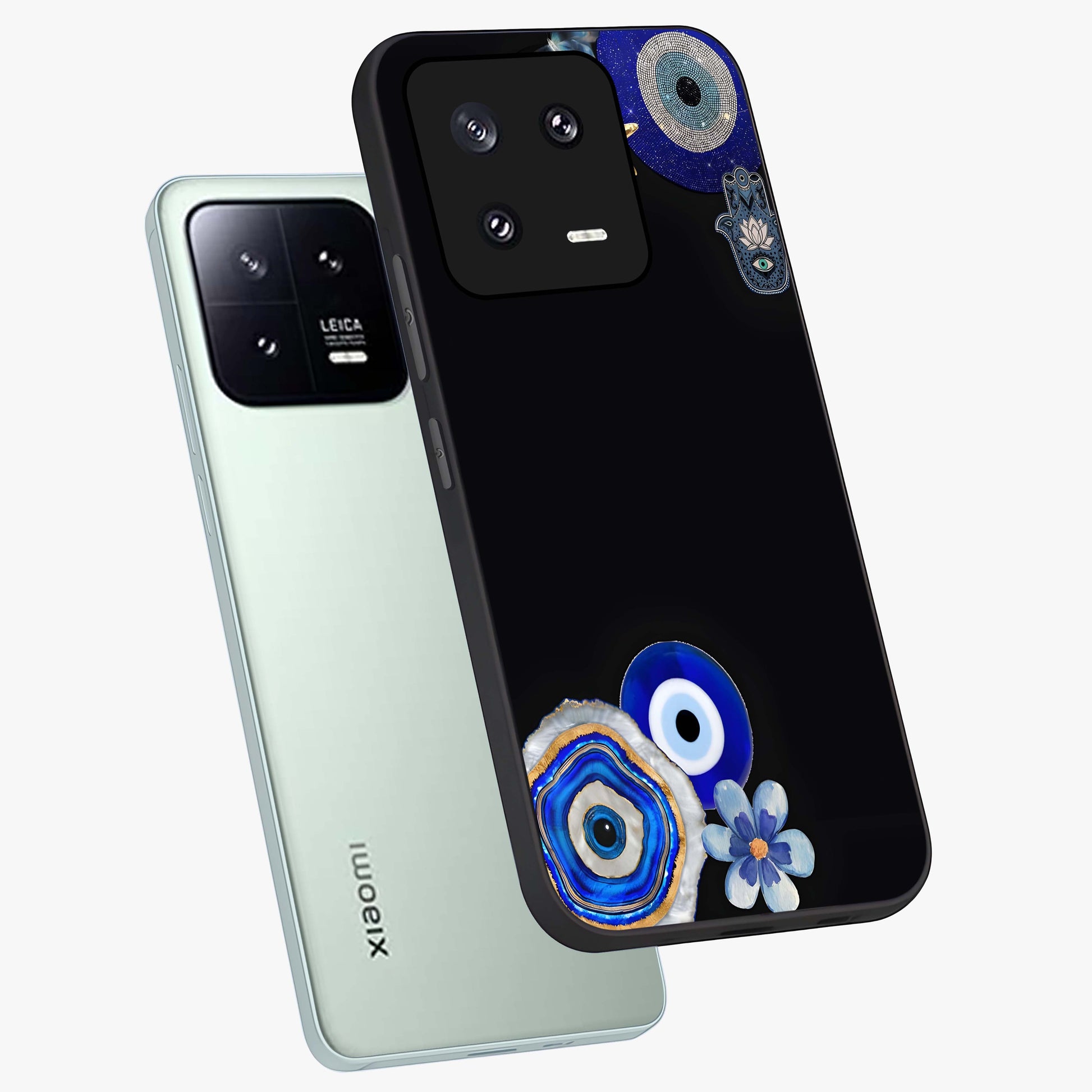 Aesthetic Blue Evil Eye Glass Case displayed in angled mockup highlighting blue evil eye symbol and spiritual aesthetic design.