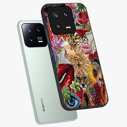 Beaded Fashion Jungle Glass Case displayed in angled mockup highlighting colorful fashion bead design and artistic pattern.