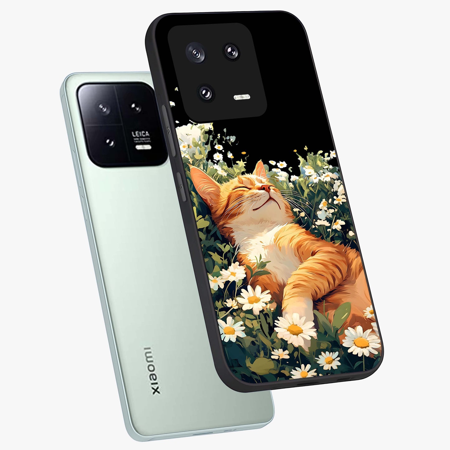 Blissful Bloom Cat Glass Case displayed in angled mockup highlighting playful feline illustration with soft floral aesthetic.