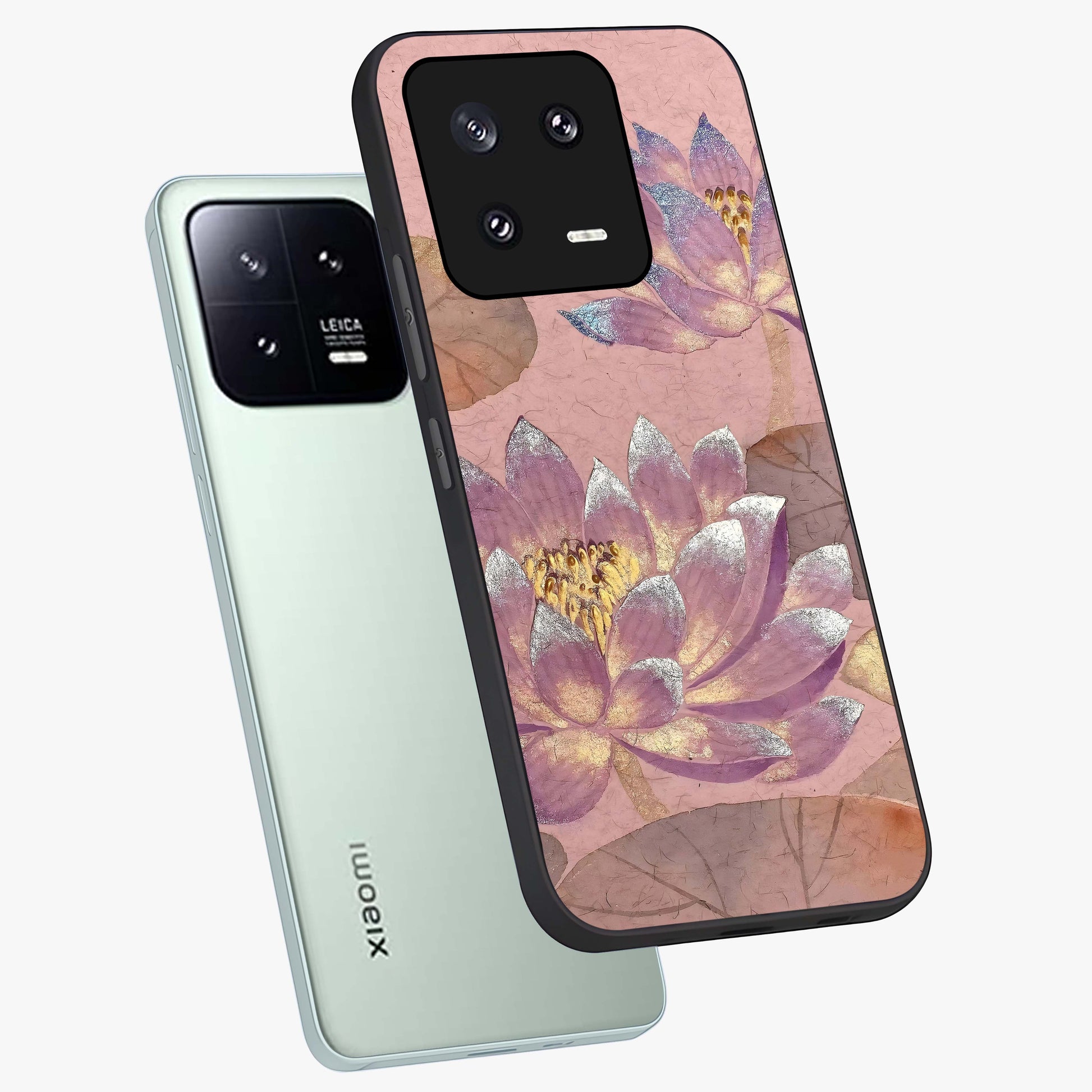 Blossom Mist Lotus Glass Case displayed in angled mockup highlighting delicate lotus illustration with calm aesthetic theme.