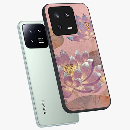 Blossom Mist Lotus Glass Case displayed in angled mockup highlighting delicate lotus illustration with calm aesthetic theme.